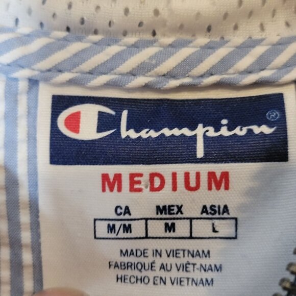 Champion Full Zip Windbreaker Women's Size Medium White Blue Striped Hooded - Picture 6 of 6